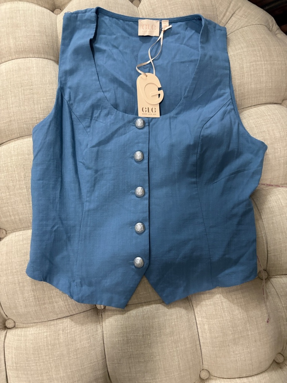 Good Luck Gem Teal-Blue Sleeveless Button Front Vest Top